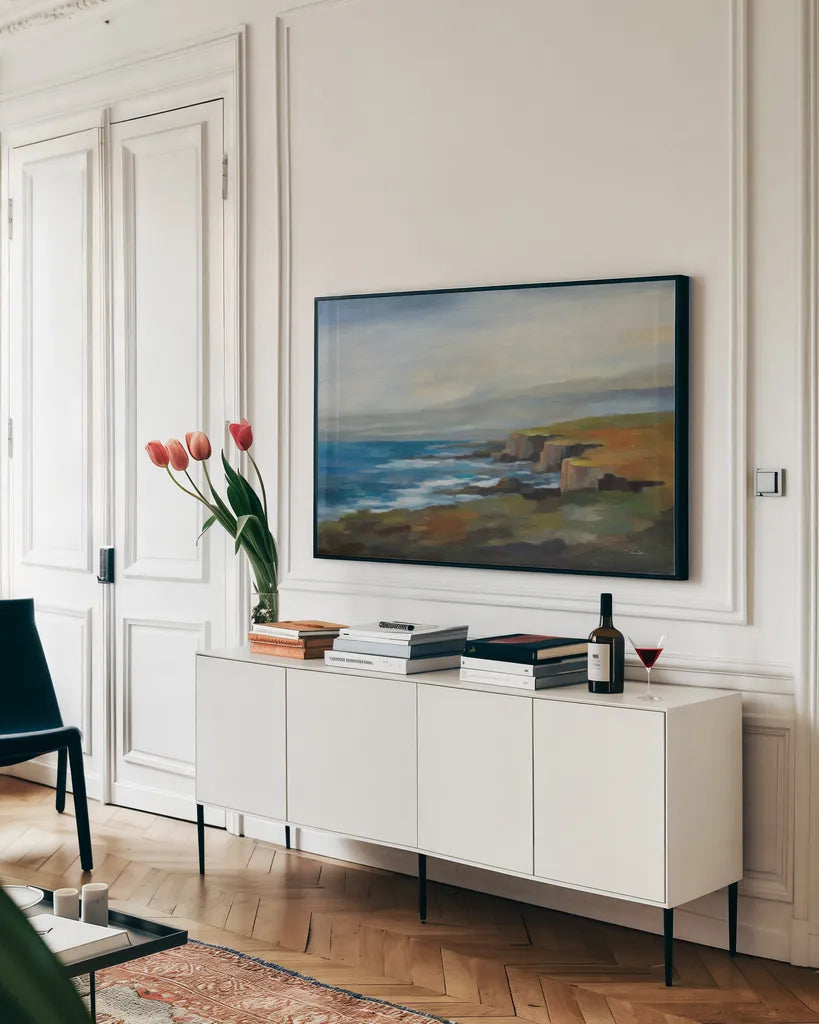 Golden Cliff by Silvia Vassileva. shown as a framed stretched canvas in a living room above a console. Available as a archival giclee rolled canvas, fine art paper, or poster print. SKU 94420i.