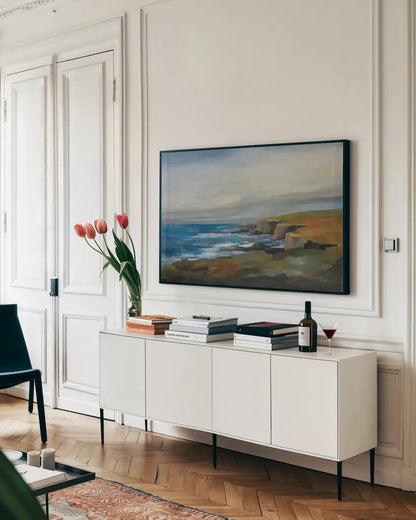 Golden Cliff by Silvia Vassileva. shown as a framed stretched canvas in a living room above a console. Available as a archival giclee rolled canvas, fine art paper, or poster print. SKU 94420i.