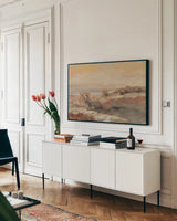 Golden Dunes by Silvia Vassileva. shown as a framed stretched canvas in a living room above a console. Available as a archival giclee rolled canvas, fine art paper, or poster print. SKU 98572i.