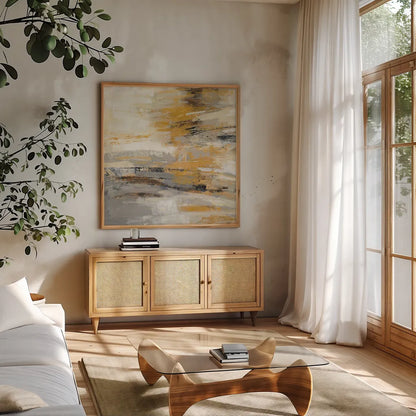 Golden Dust Crop by Silvia Vassileva. Shown in a natural wood frame in a cozy modern living room. Available as an archival giclee rolled canvas, fine art paper, or poster print. SKU 21550a.