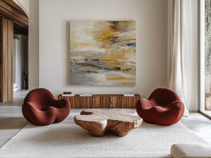 Golden Dust Crop by Silvia Vassileva. Shown as extra-large giant wall art in a modern living room. Available as an archival giclee rolled canvas, fine art paper, or poster print. SKU 21550a.