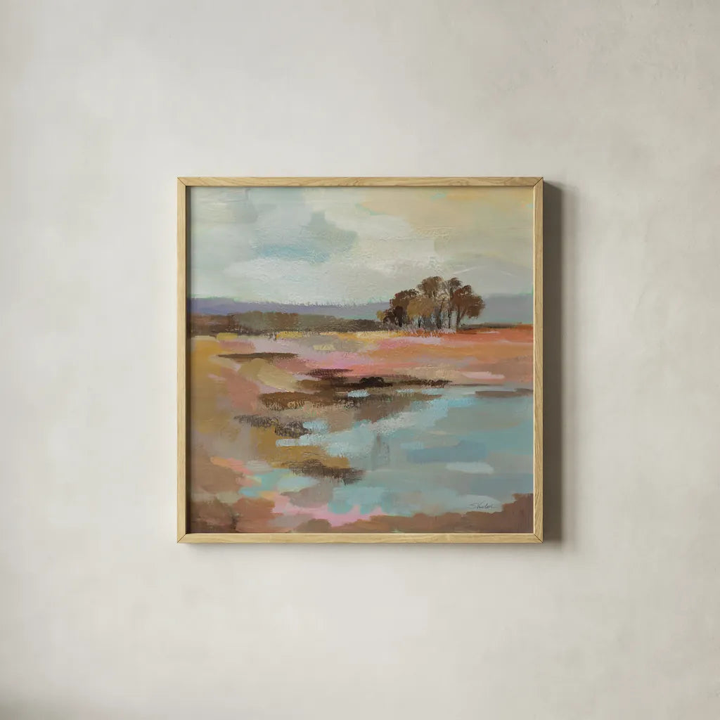 Golden Fall by Silvia Vassileva. Shown in a natural wood glass frame for a timeless modern aesthetic. Available as an archival giclee rolled canvas, fine art paper, or poster print. SKU 95138a.