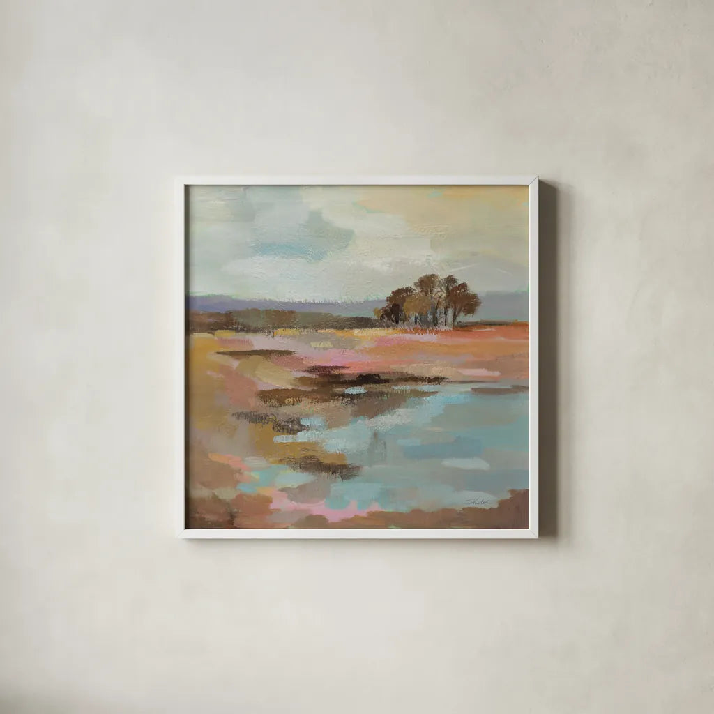 Golden Fall by Silvia Vassileva. Shown in a crisp white glass frame for a clean and minimalist style. Available as an archival giclee rolled canvas, fine art paper, or poster print. SKU 95138a.