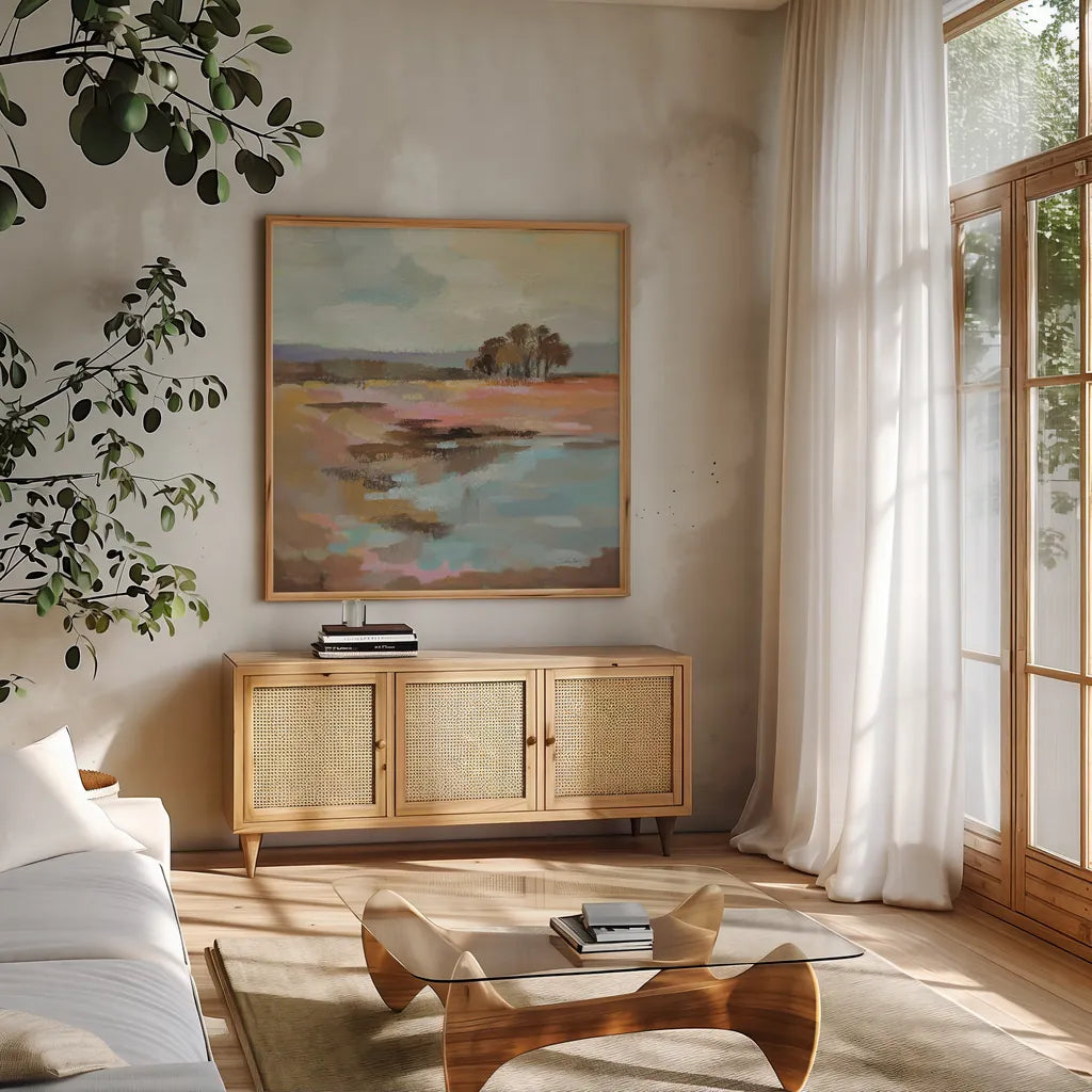 Golden Fall by Silvia Vassileva. Shown in a natural wood frame in a cozy modern living room. Available as an archival giclee rolled canvas, fine art paper, or poster print. SKU 95138a.