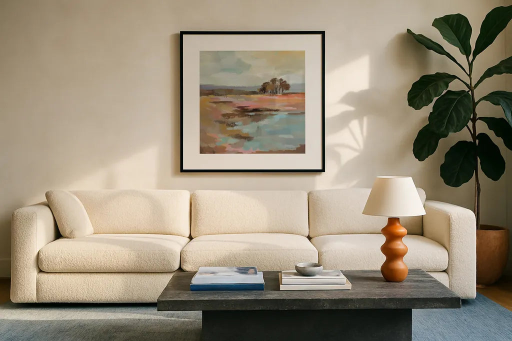 Golden Fall by Silvia Vassileva. Displayed in a glass frame with matte in a clean modern living room. Available as an archival giclee rolled canvas, fine art paper, or poster print. SKU 95138a.
