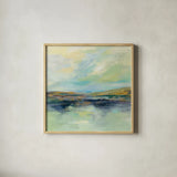 Golden Fields by the River by Silvia Vassileva. Shown in a natural wood glass frame for a timeless modern aesthetic. Available as an archival giclee rolled canvas, fine art paper, or poster print. SKU 62959a.