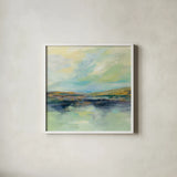 Golden Fields by the River by Silvia Vassileva. Shown in a crisp white glass frame for a clean and minimalist style. Available as an archival giclee rolled canvas, fine art paper, or poster print. SKU 62959a.