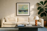 Golden Fields by the River by Silvia Vassileva. Displayed in a glass frame with matte in a clean modern living room. Available as an archival giclee rolled canvas, fine art paper, or poster print. SKU 62959a.