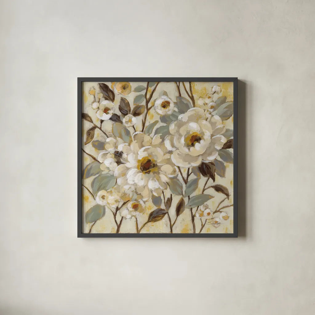 Golden Nature by Silvia Vassileva. Shown in a sleek black glass frame for a contemporary gallery look. Available as an archival giclee rolled canvas, fine art paper, or poster print. SKU 70148a.