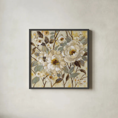 Golden Nature by Silvia Vassileva. Shown in a sleek black glass frame for a contemporary gallery look. Available as an archival giclee rolled canvas, fine art paper, or poster print. SKU 70148a.