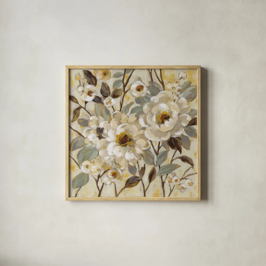 Golden Nature by Silvia Vassileva. Shown in a natural wood glass frame for a timeless modern aesthetic. Available as an archival giclee rolled canvas, fine art paper, or poster print. SKU 70148a.