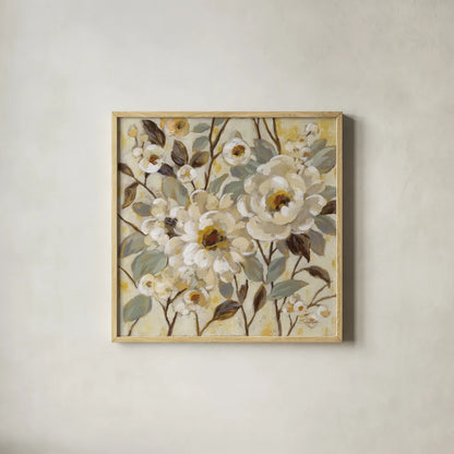 Golden Nature by Silvia Vassileva. Shown in a natural wood glass frame for a timeless modern aesthetic. Available as an archival giclee rolled canvas, fine art paper, or poster print. SKU 70148a.