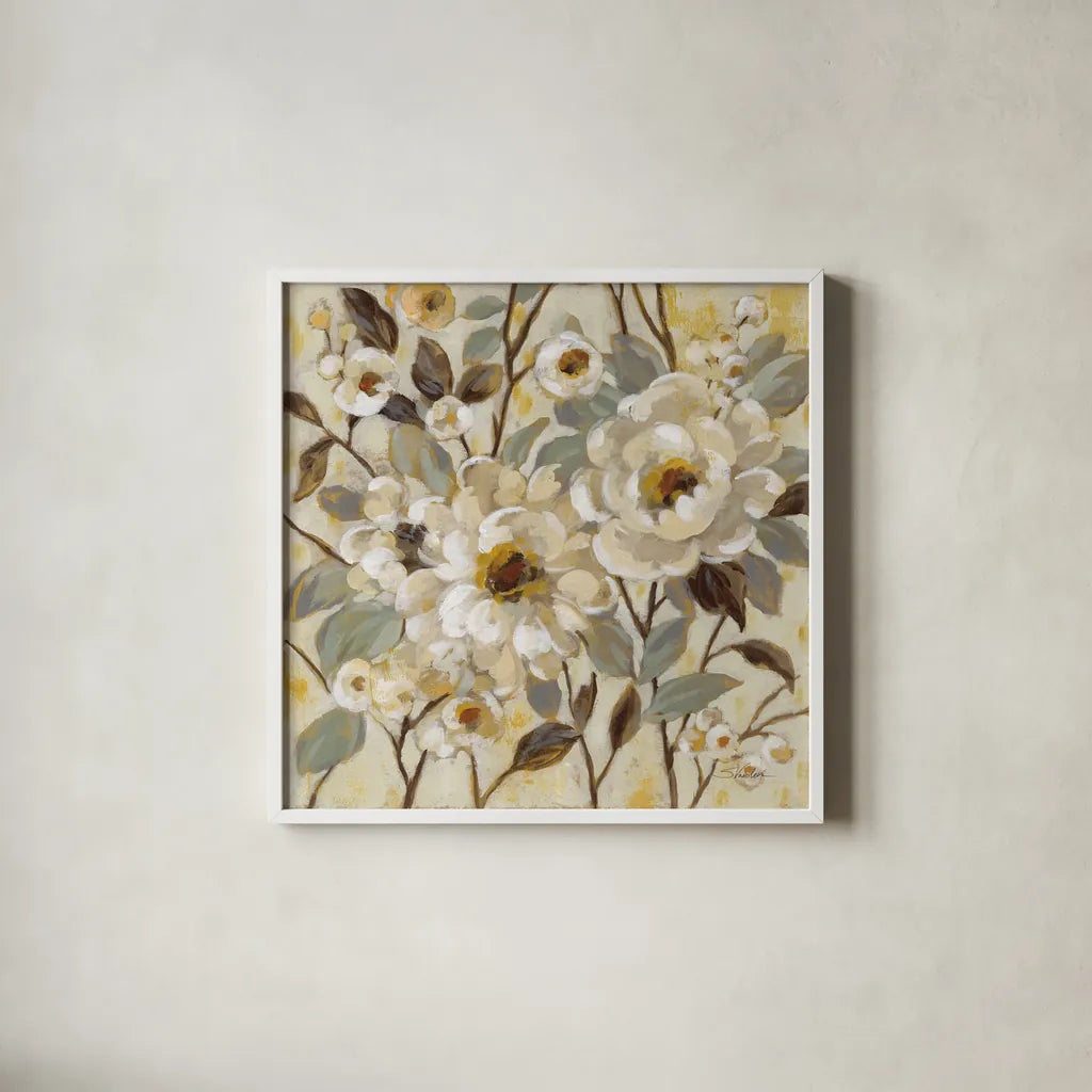 Golden Nature by Silvia Vassileva. Shown in a crisp white glass frame for a clean and minimalist style. Available as an archival giclee rolled canvas, fine art paper, or poster print. SKU 70148a.