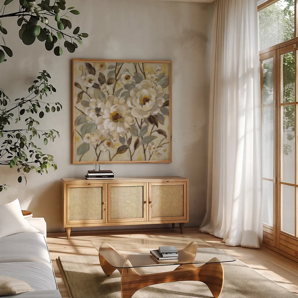 Golden Nature by Silvia Vassileva. Shown in a natural wood frame in a cozy modern living room. Available as an archival giclee rolled canvas, fine art paper, or poster print. SKU 70148a.