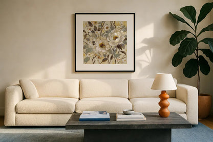 Golden Nature by Silvia Vassileva. Displayed in a glass frame with matte in a clean modern living room. Available as an archival giclee rolled canvas, fine art paper, or poster print. SKU 70148a.