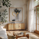 Golden Rain I by Silvia Vassileva. Shown in a natural wood frame in a cozy modern living room. Available as an archival giclee rolled canvas, fine art paper, or poster print. SKU 66084a.