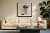 Golden Rain I by Silvia Vassileva. Displayed in a glass frame with matte in a clean modern living room. Available as an archival giclee rolled canvas, fine art paper, or poster print. SKU 66084a.