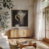 Golden Rain I BW by Silvia Vassileva. Shown in a natural wood frame in a cozy modern living room. Available as an archival giclee rolled canvas, fine art paper, or poster print. SKU 67600a.