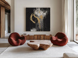 Golden Rain I BW by Silvia Vassileva. Shown as extra-large giant wall art in a modern living room. Available as an archival giclee rolled canvas, fine art paper, or poster print. SKU 67600a.