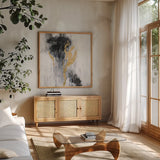 Golden Rain II by Silvia Vassileva. Shown in a natural wood frame in a cozy modern living room. Available as an archival giclee rolled canvas, fine art paper, or poster print. SKU 66085a.