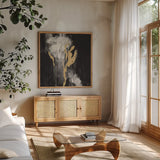 Golden Rain II BW by Silvia Vassileva. Shown in a natural wood frame in a cozy modern living room. Available as an archival giclee rolled canvas, fine art paper, or poster print. SKU 67601a.