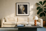 Golden Rain II BW by Silvia Vassileva. Displayed in a glass frame with matte in a clean modern living room. Available as an archival giclee rolled canvas, fine art paper, or poster print. SKU 67601a.
