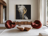 Golden Rain II BW by Silvia Vassileva. Shown as extra-large giant wall art in a modern living room. Available as an archival giclee rolled canvas, fine art paper, or poster print. SKU 67601a.