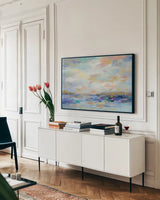 Golden Sunrise by Silvia Vassileva. shown as a framed stretched canvas in a living room above a console. Available as a archival giclee rolled canvas, fine art paper, or poster print. SKU 38245i.