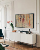 Graffiti Wall I by Silvia Vassileva. shown as a framed stretched canvas in a living room above a console. Available as a archival giclee rolled canvas, fine art paper, or poster print. SKU 28109i.