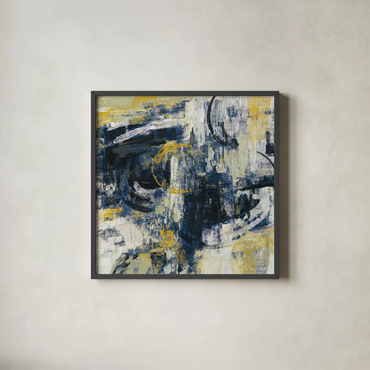 Graffiti Wall III Indigo Crop by Silvia Vassileva. Shown in a sleek black glass frame for a contemporary gallery look. Available as an archival giclee rolled canvas, fine art paper, or poster print. SKU 28859a.