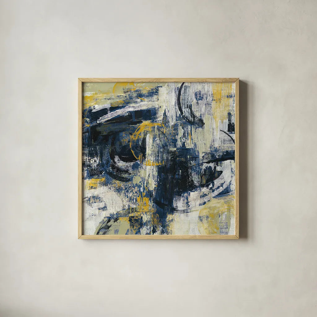 Graffiti Wall III Indigo Crop by Silvia Vassileva. Shown in a natural wood glass frame for a timeless modern aesthetic. Available as an archival giclee rolled canvas, fine art paper, or poster print. SKU 28859a.