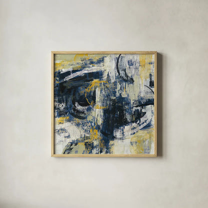 Graffiti Wall III Indigo Crop by Silvia Vassileva. Shown in a natural wood glass frame for a timeless modern aesthetic. Available as an archival giclee rolled canvas, fine art paper, or poster print. SKU 28859a.