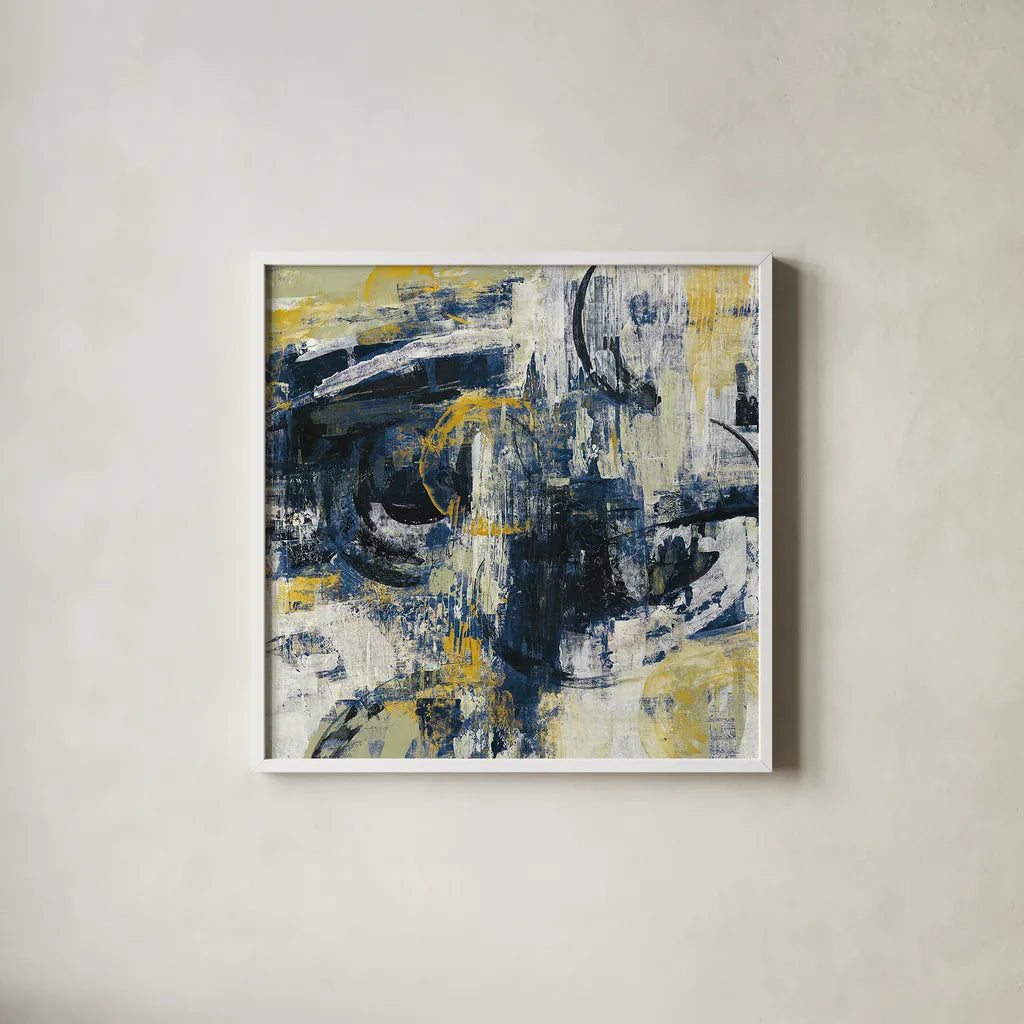 Graffiti Wall III Indigo Crop by Silvia Vassileva. Shown in a crisp white glass frame for a clean and minimalist style. Available as an archival giclee rolled canvas, fine art paper, or poster print. SKU 28859a.