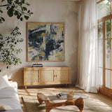 Graffiti Wall III Indigo Crop by Silvia Vassileva. Shown in a natural wood frame in a cozy modern living room. Available as an archival giclee rolled canvas, fine art paper, or poster print. SKU 28859a.