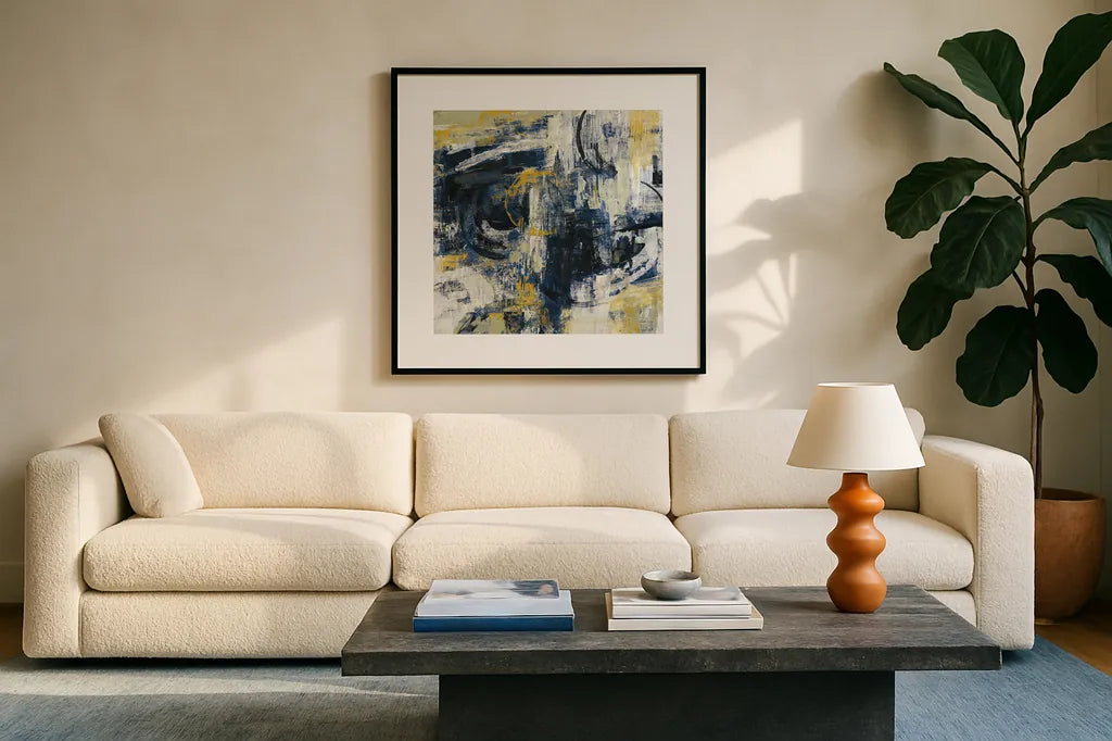 Graffiti Wall III Indigo Crop by Silvia Vassileva. Displayed in a glass frame with matte in a clean modern living room. Available as an archival giclee rolled canvas, fine art paper, or poster print. SKU 28859a.