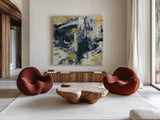 Graffiti Wall III Indigo Crop by Silvia Vassileva. Shown as extra-large giant wall art in a modern living room. Available as an archival giclee rolled canvas, fine art paper, or poster print. SKU 28859a.