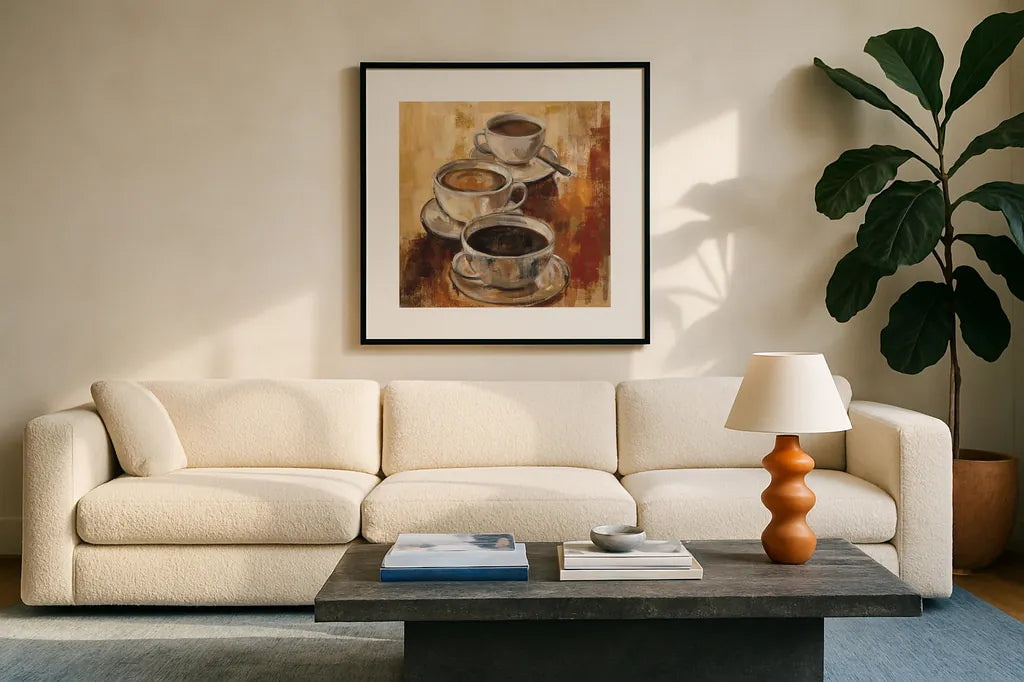 Grande Macchiato I by Silvia Vassileva. Displayed in a glass frame with matte in a clean modern living room. Available as an archival giclee rolled canvas, fine art paper, or poster print. SKU 8689a.