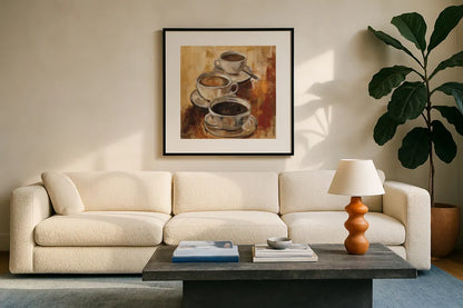 Grande Macchiato I by Silvia Vassileva. Displayed in a glass frame with matte in a clean modern living room. Available as an archival giclee rolled canvas, fine art paper, or poster print. SKU 8689a.