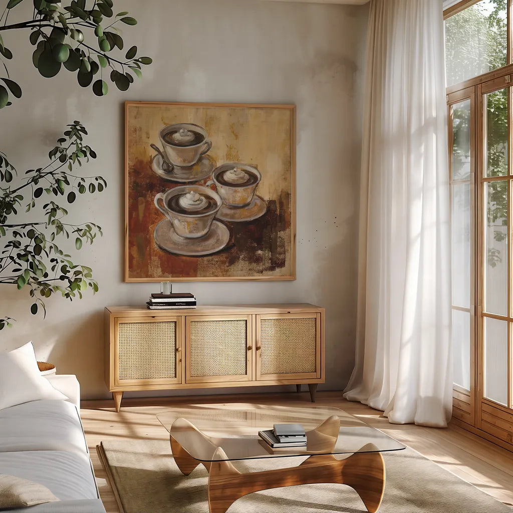 Grande Macchiato II by Silvia Vassileva. Shown in a natural wood frame in a cozy modern living room. Available as an archival giclee rolled canvas, fine art paper, or poster print. SKU 8690a.