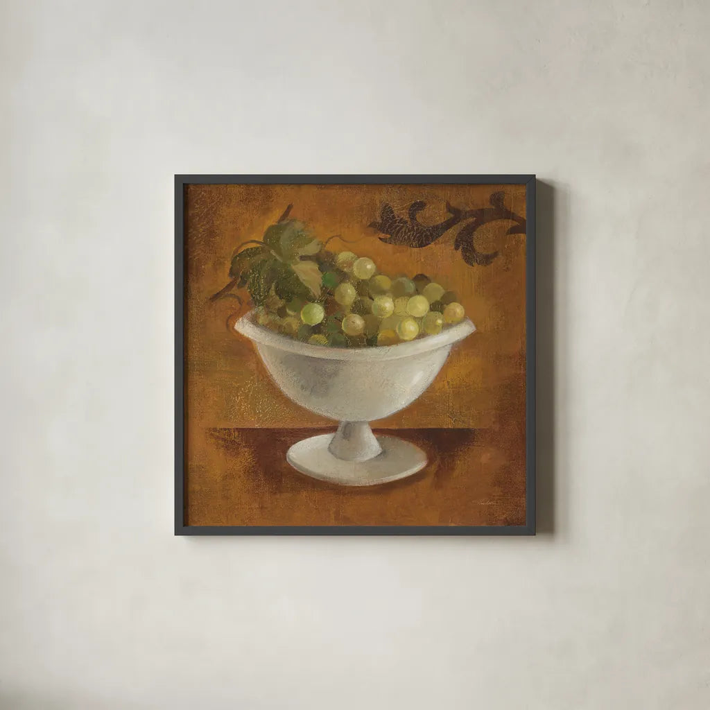 Grapes in Old Bowl by Silvia Vassileva. Shown in a sleek black glass frame for a contemporary gallery look. Available as an archival giclee rolled canvas, fine art paper, or poster print. SKU 60343a.