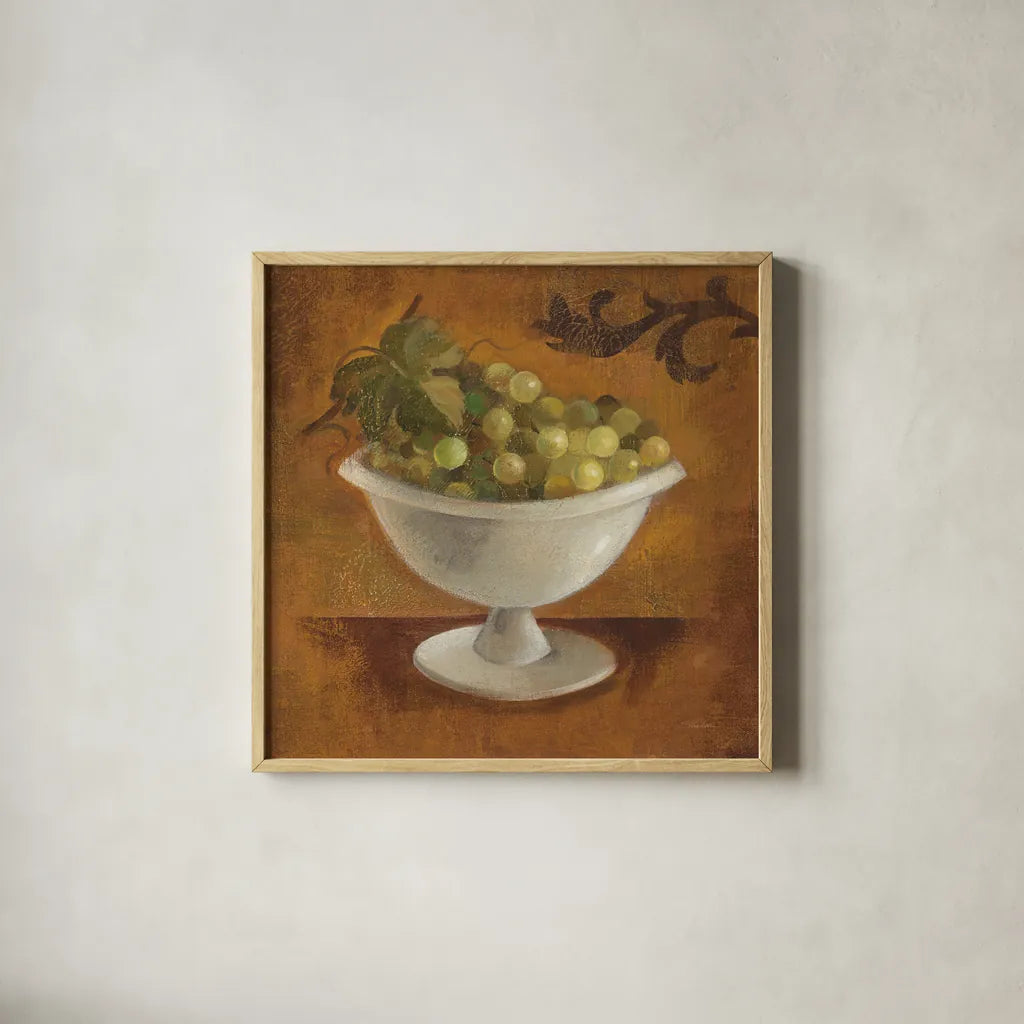 Grapes in Old Bowl by Silvia Vassileva. Shown in a natural wood glass frame for a timeless modern aesthetic. Available as an archival giclee rolled canvas, fine art paper, or poster print. SKU 60343a.
