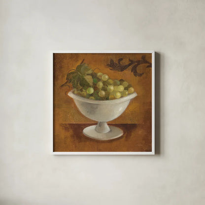Grapes in Old Bowl by Silvia Vassileva. Shown in a crisp white glass frame for a clean and minimalist style. Available as an archival giclee rolled canvas, fine art paper, or poster print. SKU 60343a.