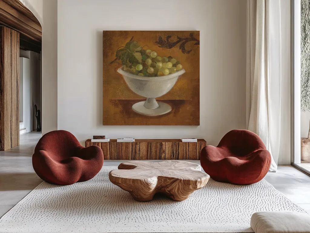 Grapes in Old Bowl by Silvia Vassileva. Shown as extra-large giant wall art in a modern living room. Available as an archival giclee rolled canvas, fine art paper, or poster print. SKU 60343a.