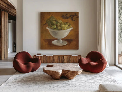 Grapes in Old Bowl by Silvia Vassileva. Shown as extra-large giant wall art in a modern living room. Available as an archival giclee rolled canvas, fine art paper, or poster print. SKU 60343a.