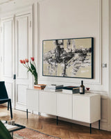 Graphic Fishermans Net by Silvia Vassileva. shown as a framed stretched canvas in a living room above a console. Available as a archival giclee rolled canvas, fine art paper, or poster print. SKU 66081i.