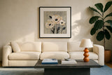 Graphic Floral I by Silvia Vassileva. Displayed in a glass frame with matte in a clean modern living room. Available as an archival giclee rolled canvas, fine art paper, or poster print. SKU 31687a.