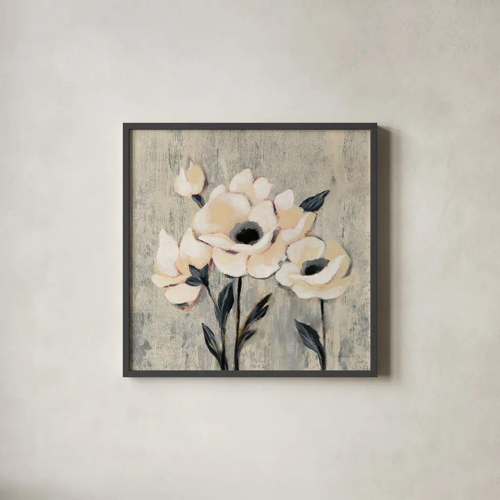 Graphic Floral II by Silvia Vassileva. Shown in a sleek black glass frame for a contemporary gallery look. Available as an archival giclee rolled canvas, fine art paper, or poster print. SKU 31688a.