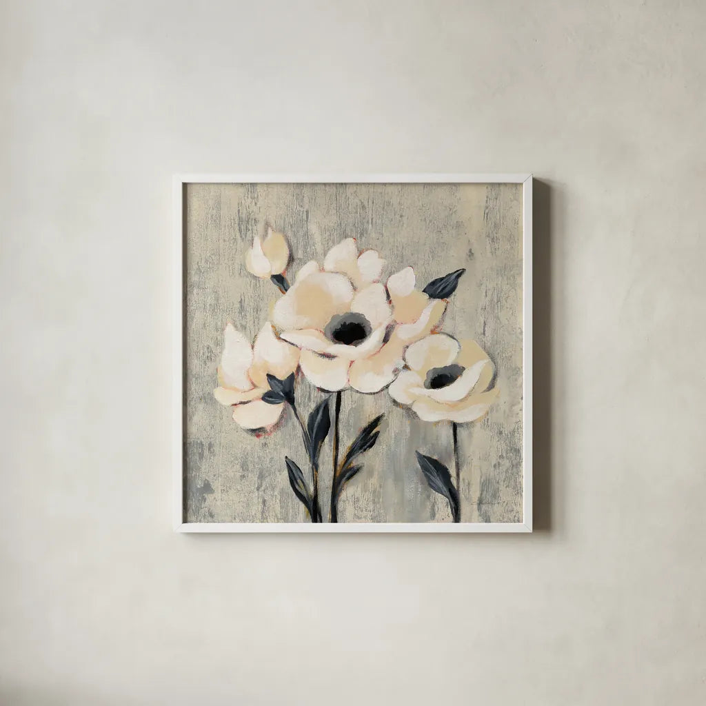 Graphic Floral II by Silvia Vassileva. Shown in a crisp white glass frame for a clean and minimalist style. Available as an archival giclee rolled canvas, fine art paper, or poster print. SKU 31688a.