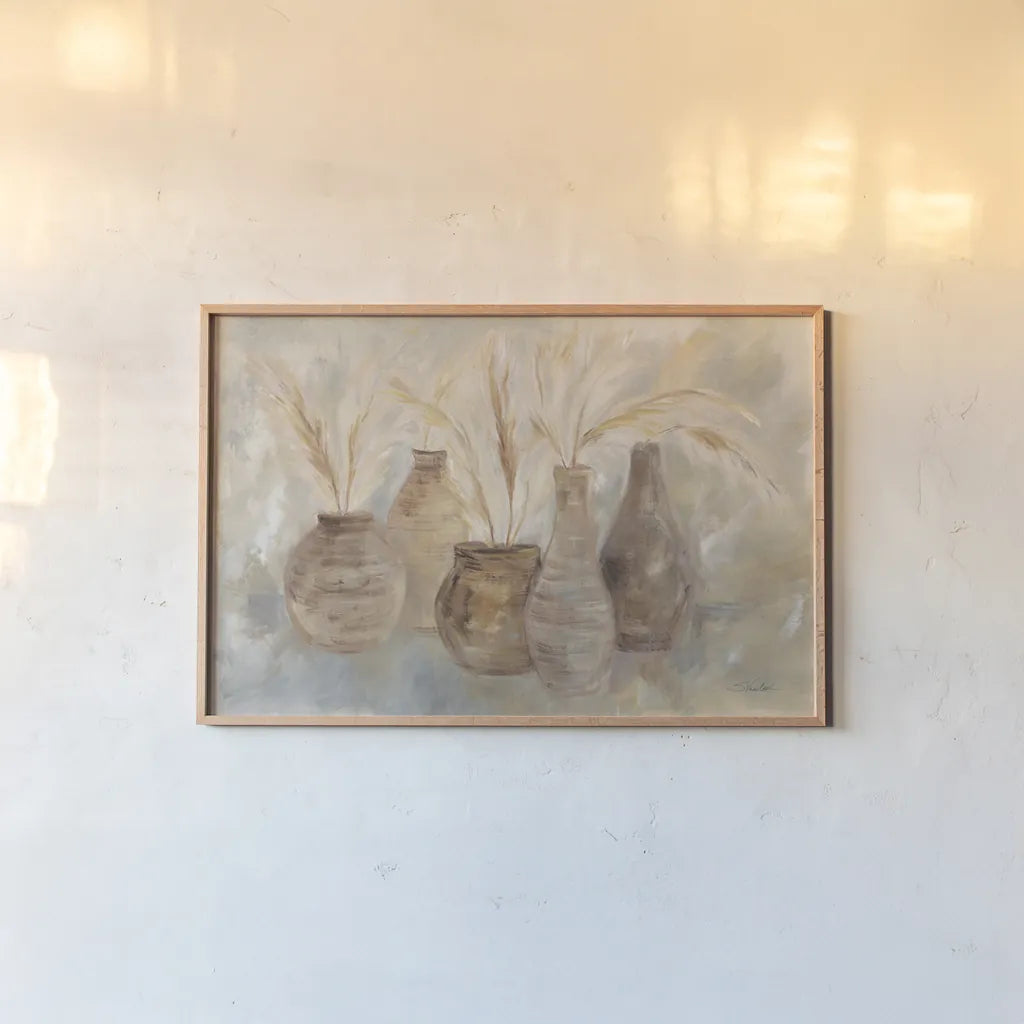 Grasses and Baskets Dark by Silvia Vassileva. shown as a paper print in a natural frame. Available as a archival giclee rolled canvas, fine art paper, or poster print. SKU 76405i.