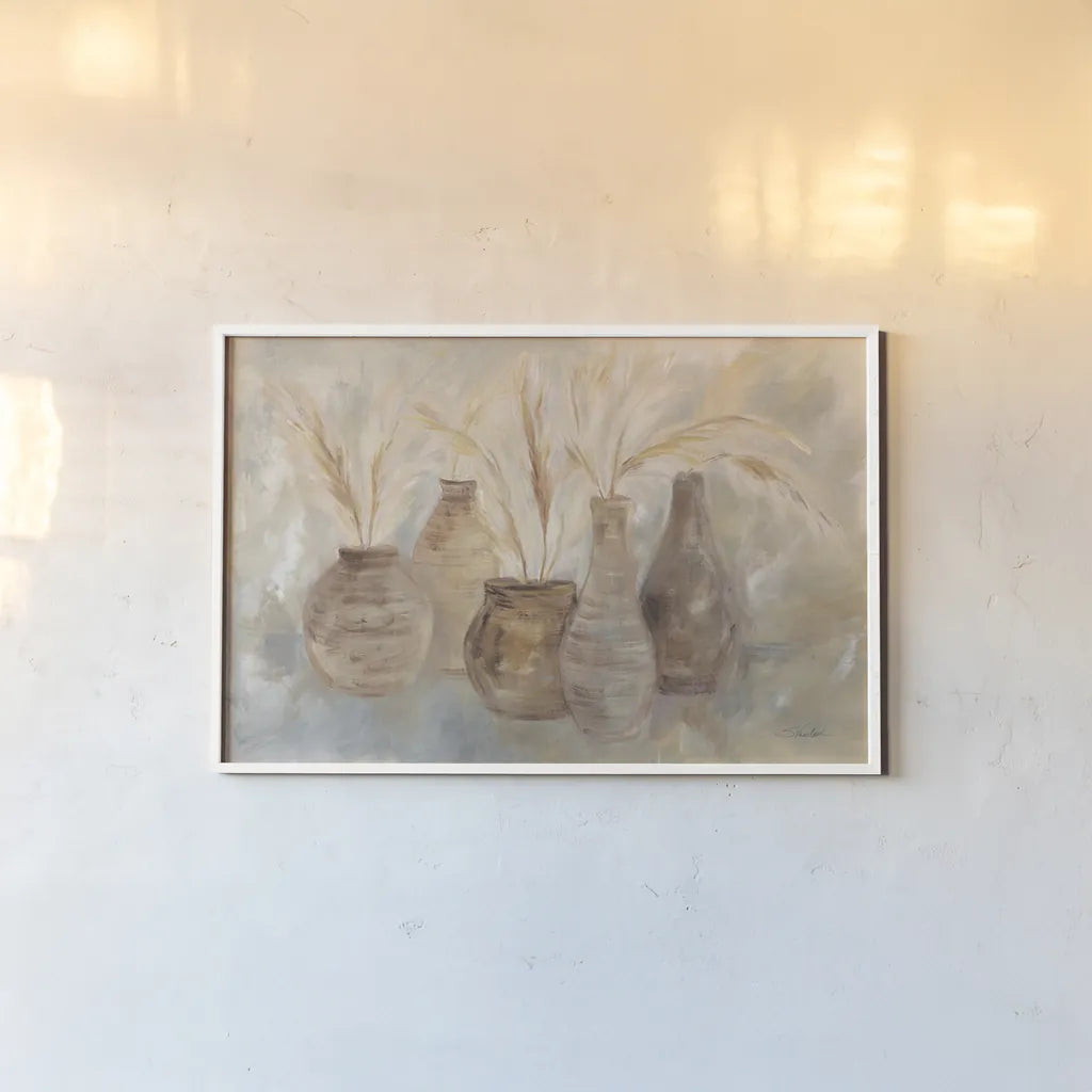 Grasses and Baskets Dark by Silvia Vassileva. shown as a paper print in a white frame. Available as a archival giclee rolled canvas, fine art paper, or poster print. SKU 76405i.